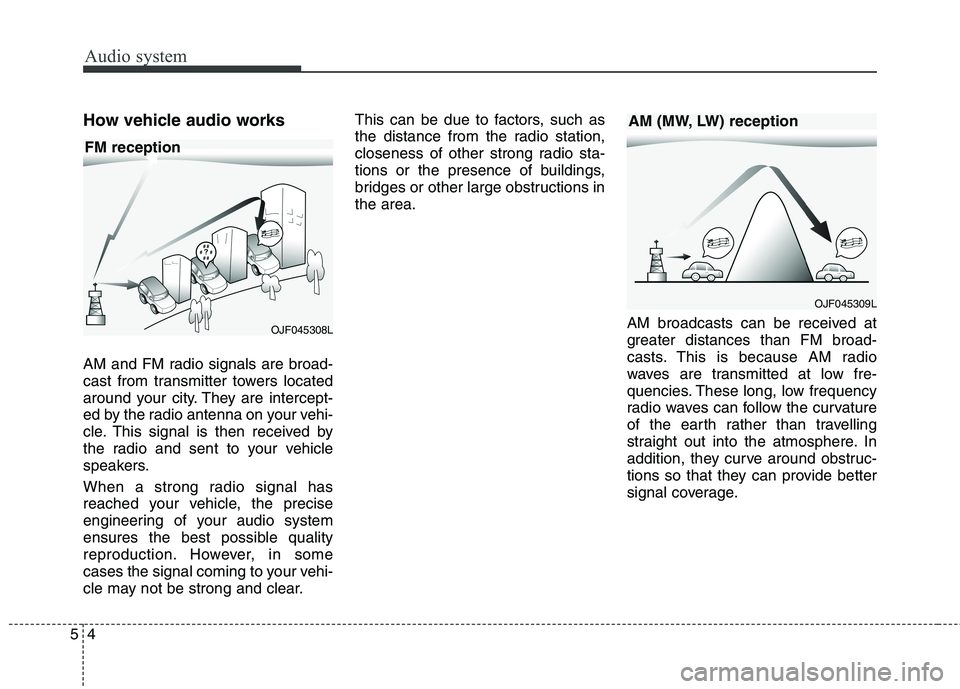 KIA CARENS RHD 2018 Owners Manual Audio system
4
5
How vehicle audio works
AM and FM radio signals are broad-
cast from transmitter towers located
around your city. They are intercept-
ed by the radio antenna on your vehi-
cle. This KIA CARENS RHD 2018 Owners Manual Audio system
4
5
How vehicle audio works
AM and FM radio signals are broad-
cast from transmitter towers located
around your city. They are intercept-
ed by the radio antenna on your vehi-
cle. This
