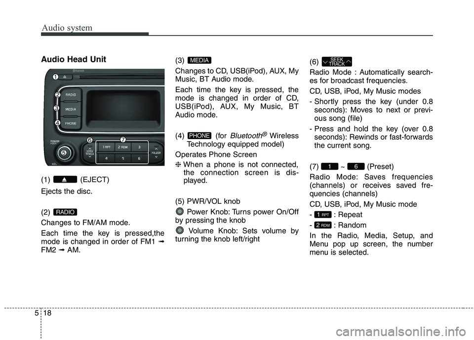 KIA CARENS RHD 2018  Owners Manual Audio system
18
5
Audio Head Unit (1) (EJECT) Ejects the disc. (2)  
Changes to FM/AM mode.
Each time the key is pressed,the mode is changed in order of FM1  ➟
FM2  ➟AM. (3)  
Changes to CD, USB(i