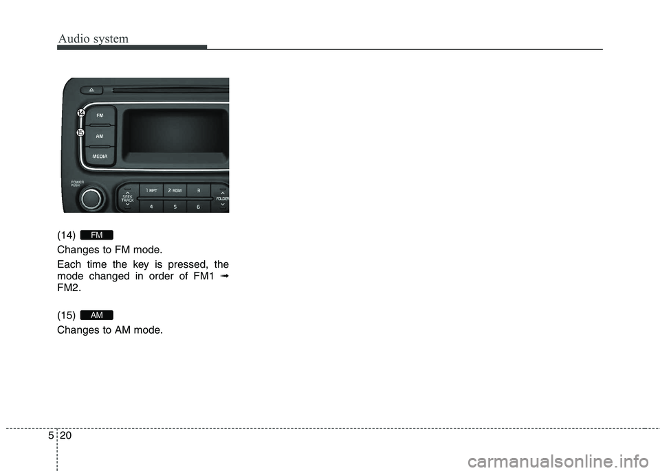 KIA CARENS RHD 2018  Owners Manual Audio system
20
5
(14)  
Changes to FM mode.
Each time the key is pressed, the mode changed in order of FM1  ➟
FM2. (15)  
Changes to AM mode.
AM
FM  