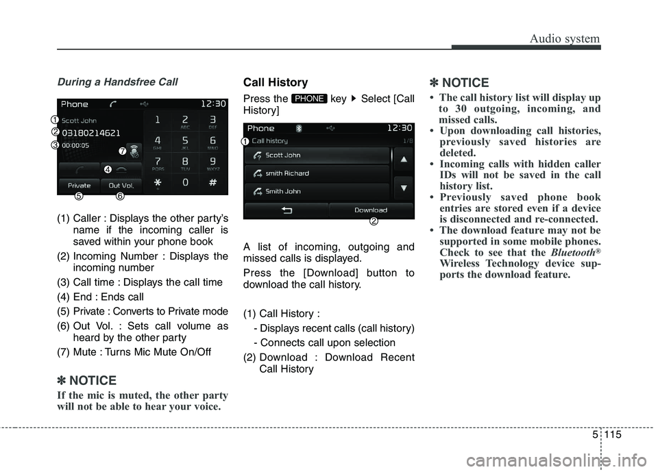 KIA CARENS RHD 2018  Owners Manual 5115
Audio system
During a Handsfree Call
(1) Caller : Displays the other party’sname if the incoming caller is 
saved within your phone book
(2) Incoming Number : Displays the incoming number
(3) C