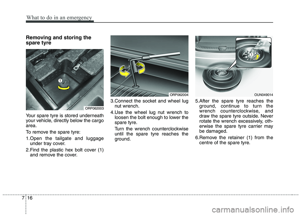 KIA CARENS RHD 2018 Owners Manual What to do in an emergency
16
7
Removing and storing the spare tyre
Your spare tyre is stored underneath
your vehicle, directly below the cargoarea.
To remove the spare tyre:
1.Open the tailgate KIA CARENS RHD 2018 Owners Manual What to do in an emergency
16
7
Removing and storing the spare tyre
Your spare tyre is stored underneath
your vehicle, directly below the cargoarea.
To remove the spare tyre:
1.Open the tailgate