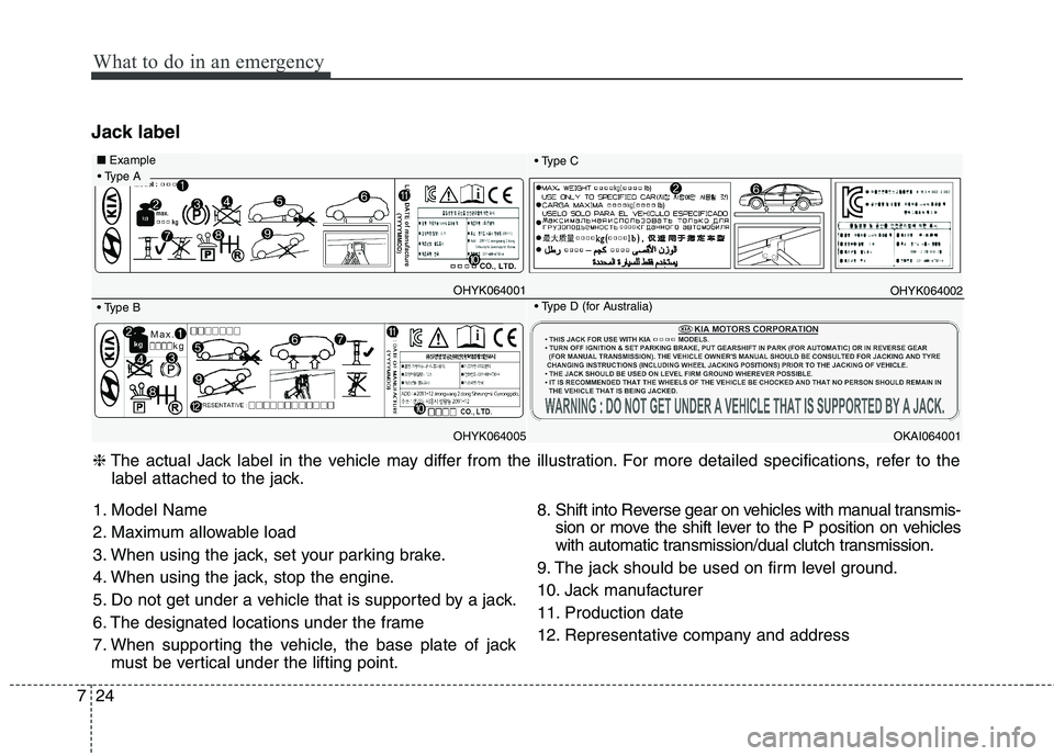 KIA CARENS RHD 2018 Owners Manual What to do in an emergency
24
7
Jack label
❈ The actual Jack label in the vehicle may differ from the illustration. For more detailed specifications, refer to the
label attached to the jack.
OHYK064 KIA CARENS RHD 2018 Owners Manual What to do in an emergency
24
7
Jack label
❈ The actual Jack label in the vehicle may differ from the illustration. For more detailed specifications, refer to the
label attached to the jack.
OHYK064