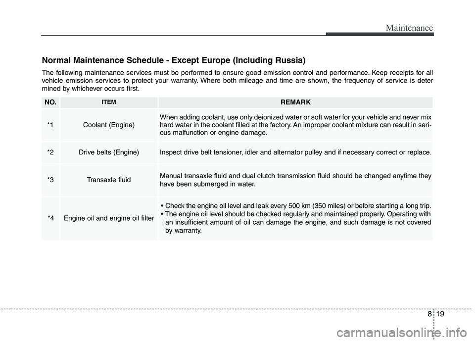 KIA CARENS RHD 2018  Owners Manual 819
Maintenance
Normal Maintenance Schedule - Except Europe (Including Russia) 
The following maintenance services must be performed to ensure good emission control and performance. Keep receipts for 
