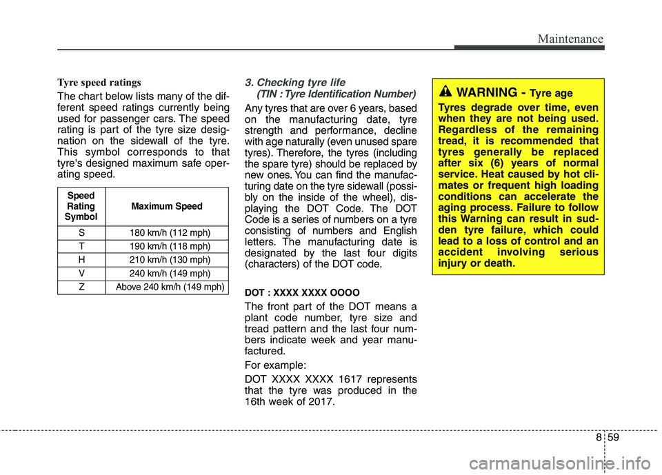 KIA CARENS RHD 2018 Owners Manual 859
Maintenance
Tyre speed ratings
The chart below lists many of the dif-
ferent speed ratings currently being
used for passenger cars. The speed
rating is part of the tyre size desig-
nation on t KIA CARENS RHD 2018 Owners Manual 859
Maintenance
Tyre speed ratings
The chart below lists many of the dif-
ferent speed ratings currently being
used for passenger cars. The speed
rating is part of the tyre size desig-
nation on t