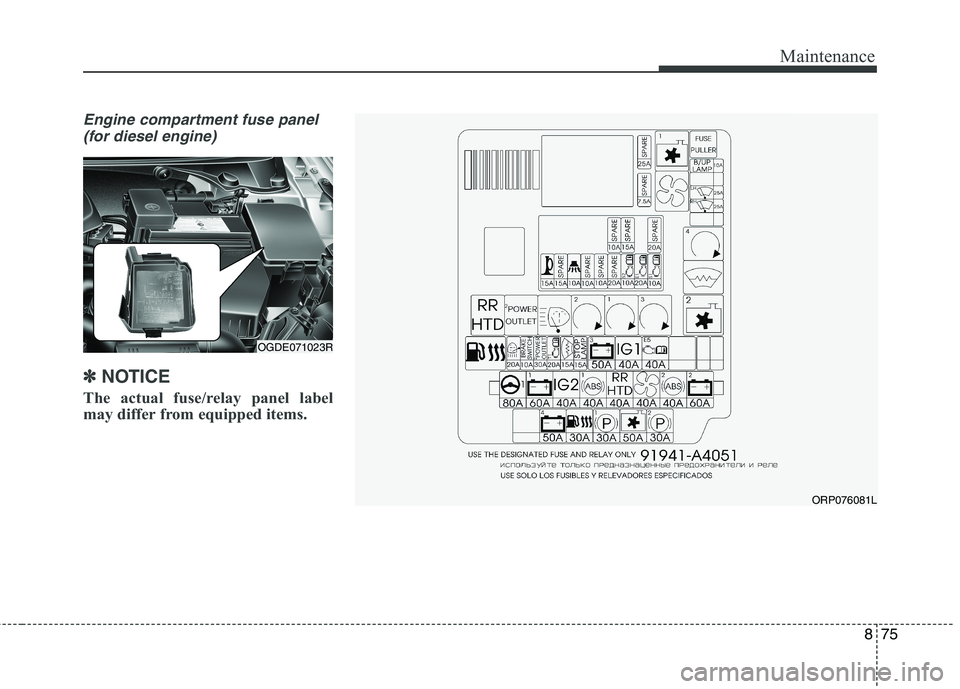 KIA CARENS RHD 2018  Owners Manual 875
Maintenance
Engine compartment fuse panel (for diesel engine)
✽✽ NOTICE
The actual fuse/relay panel label 
may differ from equipped items.
OGDE071023R
ORP076081L   