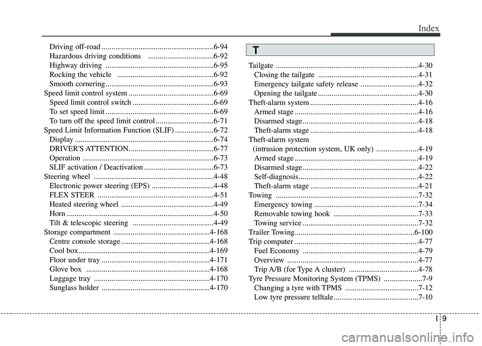 KIA CARENS RHD 2018  Owners Manual I9
Index
Driving off-road ..........................................................6-94 
Hazardous driving conditions   ..................................6-92
Highway driving ........................
