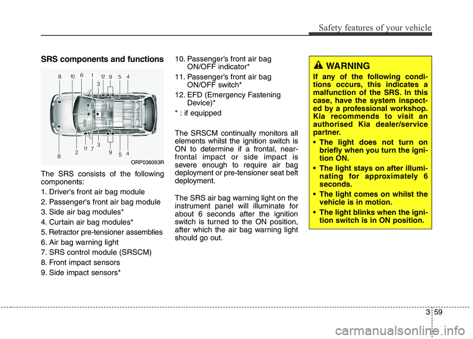 KIA CARENS RHD 2018 Manual PDF 359
Safety features of your vehicle
SRS components and functions
The SRS consists of the following components:
1. Drivers front air bag module
2. Passengers front air bag module
3. Side air bag mo KIA CARENS RHD 2018 Manual PDF 359
Safety features of your vehicle
SRS components and functions
The SRS consists of the following components:
1. Drivers front air bag module
2. Passengers front air bag module
3. Side air bag mo