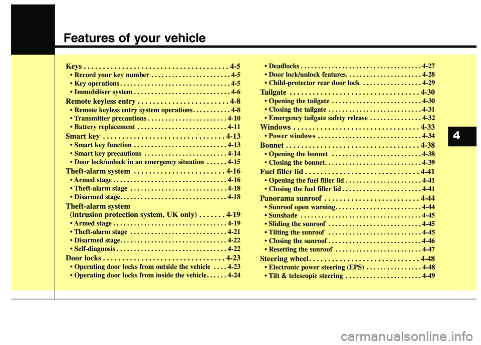 KIA CARENS RHD 2018  Owners Manual Features of your vehicle
Keys . . . . . . . . . . . . . . . . . . . . . . . . . . . . . . . . . . . . . . 4-5• Record your key number . . . . . . . . . . . . . . . . . . . . . . . 4-5 
 . . . . . . 
