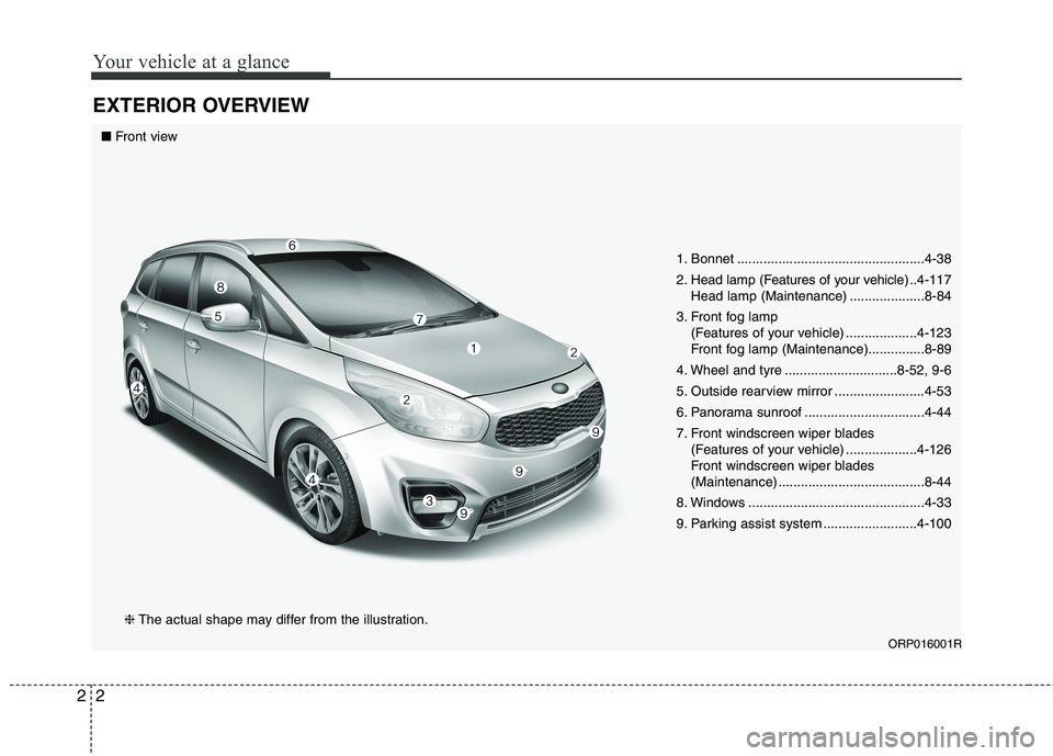 KIA CARENS RHD 2017 User Guide Your vehicle at a glance
2
2
EXTERIOR OVERVIEW
1. Bonnet ..................................................4-38
2. Head lamp (Features of your vehicle) ..4-117
Head lamp (Maintenance) ............... KIA CARENS RHD 2017 User Guide Your vehicle at a glance
2
2
EXTERIOR OVERVIEW
1. Bonnet ..................................................4-38
2. Head lamp (Features of your vehicle) ..4-117
Head lamp (Maintenance) ...............