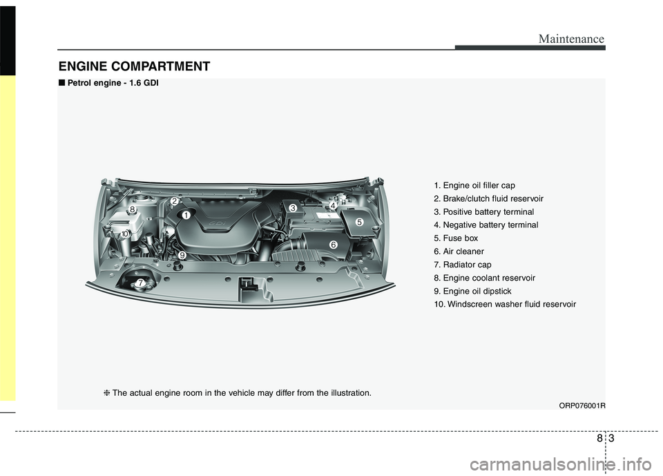 KIA CARENS RHD 2017  Owners Manual 83
Maintenance
ENGINE COMPARTMENT 
ORP076001R
❈
The actual engine room in the vehicle may differ from the illustration. 1. Engine oil filler cap 
2. Brake/clutch fluid reservoir
3. Positive battery 