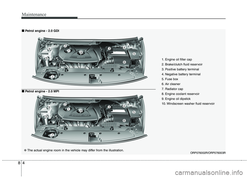 KIA CARENS RHD 2017  Owners Manual Maintenance
4
8
ORP076002R/ORP076003R
1. Engine oil filler cap 
2. Brake/clutch fluid reservoir
3. Positive battery terminal
4. Negative battery terminal
5. Fuse box
6. Air cleaner
7. Radiator cap
8. 