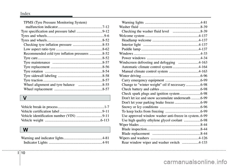 KIA CARENS RHD 2017  Owners Manual Index
10
I
TPMS (Tyre Pressure Monitoring System)
malfunction indicator ................................................7-12
Tyre specification and pressure label ............................9-12 
Tyr