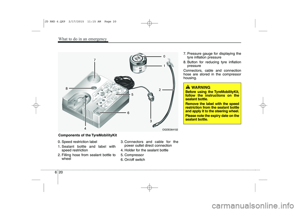 KIA CEED 2015 Owners Manual What to do in an emergency
20
6
0. Speed restriction label
1. Sealant bottle and label with
speed restriction
2. Filling hose from sealant bottle to wheel 3. Connectors and cable for the
power outlet KIA CEED 2015 Owners Manual What to do in an emergency
20
6
0. Speed restriction label
1. Sealant bottle and label with
speed restriction
2. Filling hose from sealant bottle to wheel 3. Connectors and cable for the
power outlet