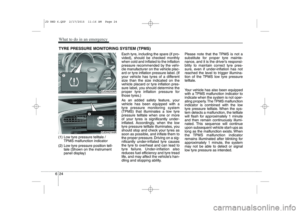 KIA CEED 2015 Owners Manual What to do in an emergency
24
6
TYRE PRESSURE MONITORING SYSTEM (TPMS)
(1) Low tyre pressure telltale / TPMS malfunction indicator
(2) Low tyre pressure position tell- tale (Shown on the instrument
KIA CEED 2015 Owners Manual What to do in an emergency
24
6
TYRE PRESSURE MONITORING SYSTEM (TPMS)
(1) Low tyre pressure telltale / TPMS malfunction indicator
(2) Low tyre pressure position tell- tale (Shown on the instrument