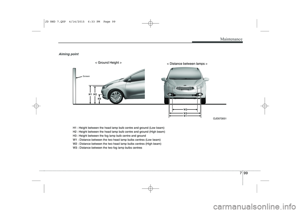 KIA CEED 2015  Owners Manual 799
Maintenance
Aiming point 
OJD073051
< Ground Height >< Distance between lamps >
H1 : Height between the head lamp bulb centre and ground (Low beam) 
H2 : Height between the head lamp bulb centre a