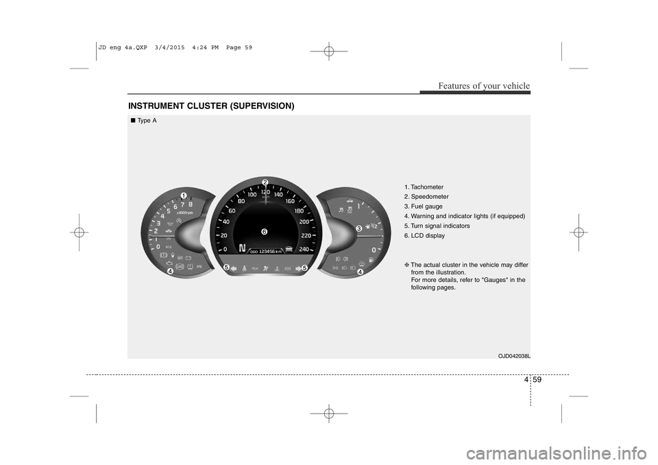 KIA CEED 2015  Owners Manual 459
Features of your vehicle
INSTRUMENT CLUSTER (SUPERVISION)
1. Tachometer  
2. Speedometer 
3. Fuel gauge 
4. Warning and indicator lights (if equipped)
5. Turn signal indicators 
6. LCD displayOJD0