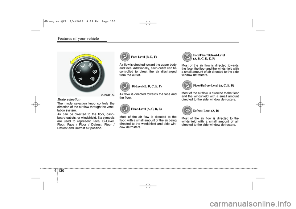 KIA CEED 2015 Owners Manual Features of your vehicle
130
4
Mode selection
The mode selection knob controls the
direction of the air flow through the venti- lation system.
Air can be directed to the floor, dash-
board outlets, KIA CEED 2015 Owners Manual Features of your vehicle
130
4
Mode selection
The mode selection knob controls the
direction of the air flow through the venti- lation system.
Air can be directed to the floor, dash-
board outlets,