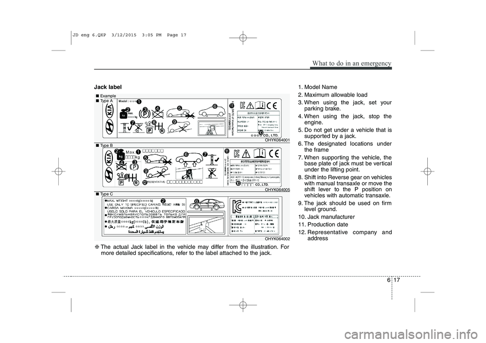 KIA CEED 2015  Owners Manual 617
What to do in an emergency
Jack label1. Model Name 
2. Maximum allowable load
3. When using the jack, set your
parking brake.
4. When using the jack, stop the engine.
5. Do not get under a vehicle