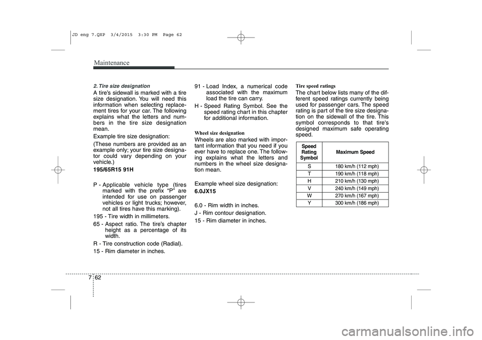 KIA CEED 2015 Repair Manual Maintenance
62
7
2. Tire size designation
A tire’s sidewall is marked with a tire
size designation. You will need this
information when selecting replace-
ment tires for your car. The following
e KIA CEED 2015 Repair Manual Maintenance
62
7
2. Tire size designation
A tire’s sidewall is marked with a tire
size designation. You will need this
information when selecting replace-
ment tires for your car. The following
e