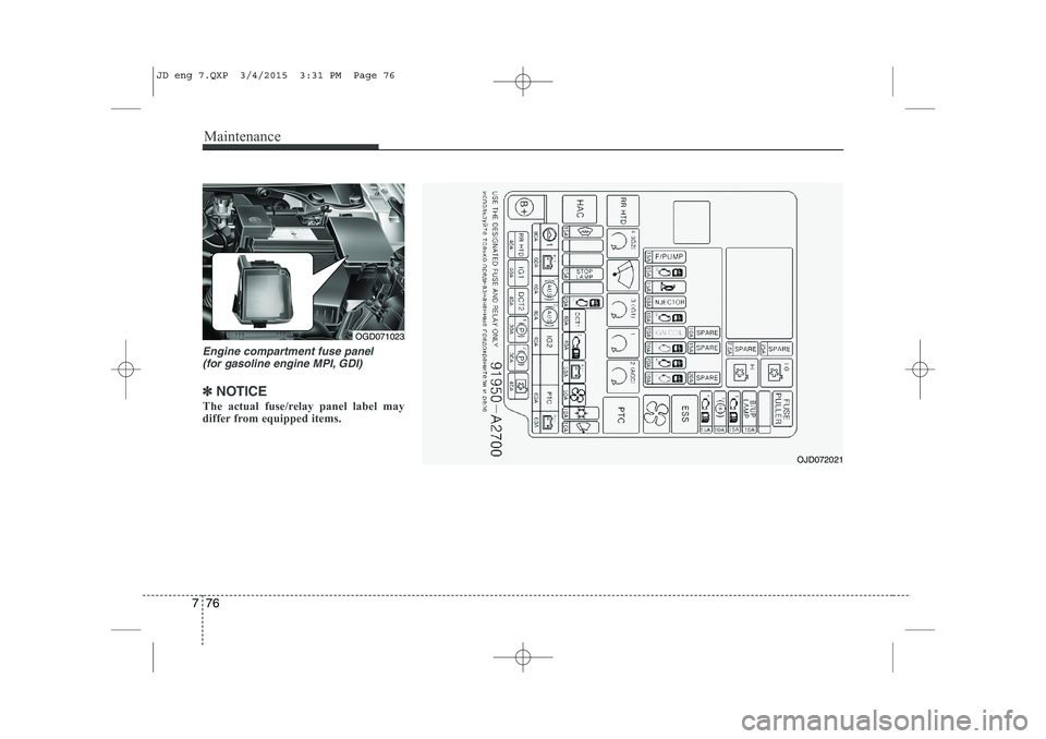 KIA CEED 2015  Owners Manual Maintenance
76
7
Engine compartment fuse panel 
(for gasoline engine MPI, GDI)
✽✽ NOTICE
The actual fuse/relay panel label may 
differ from equipped items.
OGD071023
OJD072021
JD eng 7.QXP  3/4/20