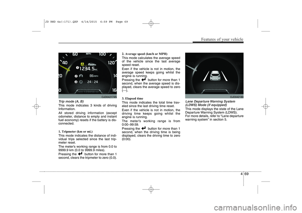 KIA CEED 2015 Owners Manual 469
Features of your vehicle
Trip mode (A, B)
This mode indicates 3 kinds of driving
Information.
All stored driving information (except
odometer, distance to empty and instant
fuel economy) resets KIA CEED 2015 Owners Manual 469
Features of your vehicle
Trip mode (A, B)
This mode indicates 3 kinds of driving
Information.
All stored driving information (except
odometer, distance to empty and instant
fuel economy) resets