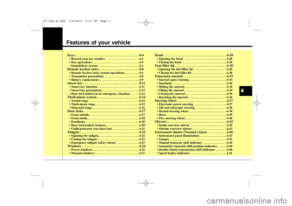 KIA CEED 2015  Owners Manual Features of your vehicle
Keys . . . . . . . . . . . . . . . . . . . . . . . . . . . . . . . . . . . . . 4-4• Record your key number . . . . . . . . . . . . . . . . . . . . . 4-4 
• Key operations 