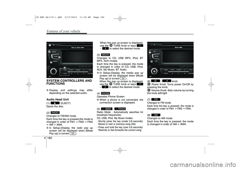 KIA CEED 2015  Owners Manual Features of your vehicle
182
4
SYSTEM CONTROLLERS AND FUNCTIONS ❈  Display and settings may differ 
depending on the selected audio.
Audio Head Unit (1) (EJECT) Ejects the disc. (2)  
Changes to FM/