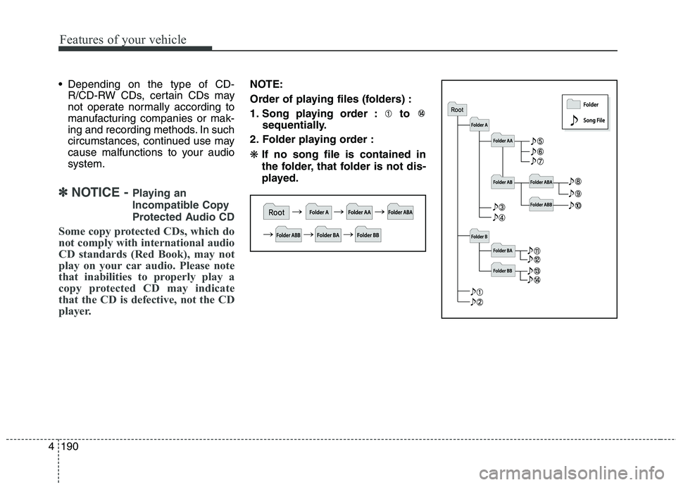 KIA CEED 2017 Owners Manual Features of your vehicle
190
4 Depending on the type of CD-
R/CD-RW CDs, certain CDs may
not operate normally according to
manufacturing companies or mak-
ing and recording methods. In such
circumst KIA CEED 2017 Owners Manual Features of your vehicle
190
4 Depending on the type of CD-
R/CD-RW CDs, certain CDs may
not operate normally according to
manufacturing companies or mak-
ing and recording methods. In such
circumst
