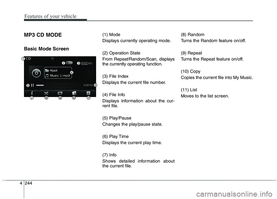 KIA CEED 2017 Owners Manual Features of your vehicle
244
4
MP3 CD MODE Basic Mode Screen (1) Mode
Displays currently operating mode.
(2) Operation State
From Repeat/Random/Scan, displays
the currently operating function.
(3 KIA CEED 2017 Owners Manual Features of your vehicle
244
4
MP3 CD MODE Basic Mode Screen (1) Mode
Displays currently operating mode.
(2) Operation State
From Repeat/Random/Scan, displays
the currently operating function.
(3
