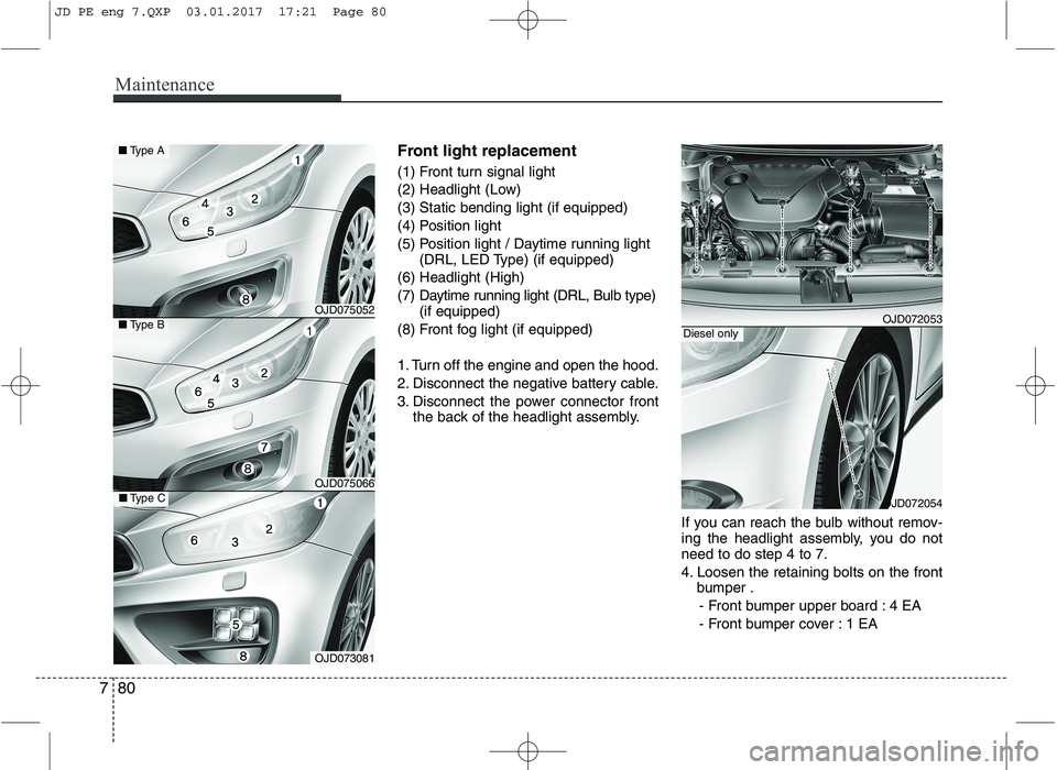 KIA CEED 2017  Owners Manual Maintenance
80
7
Front light replacement 
(1) Front turn signal light 
(2) Headlight (Low)(3) Static bending light (if equipped)
(4) Position light
(5) Position light / Daytime running light
(DRL, LED