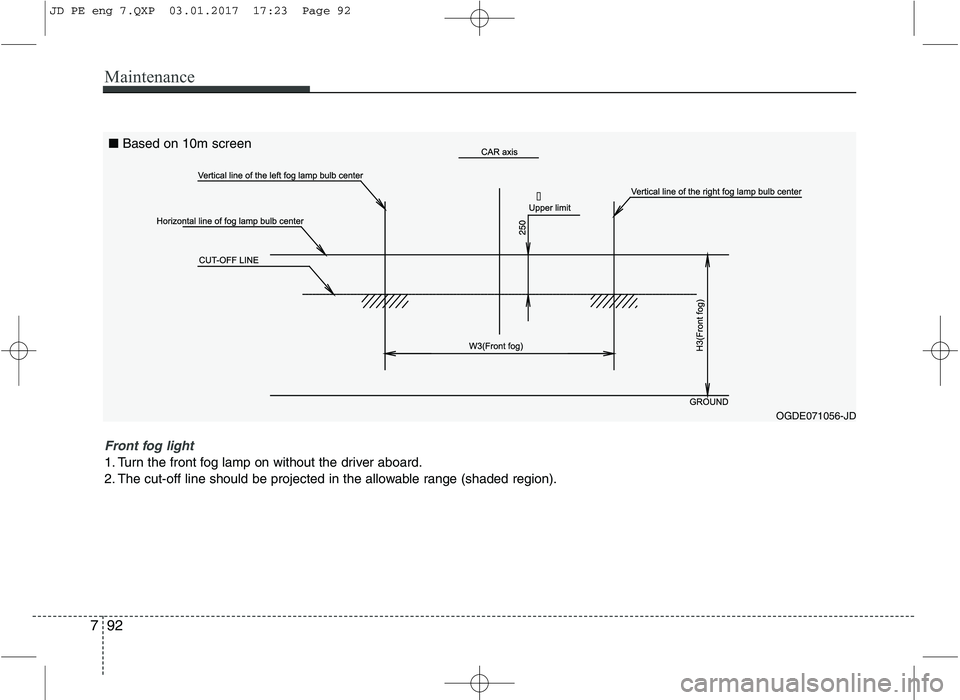 KIA CEED 2017  Owners Manual Maintenance
92
7

OGDE071056-JD
Front fog light 
1. Turn the front fog lamp on without the driver aboard. 
2. The cut-off line should be projected in the allowable range (shaded region). ■
Based on