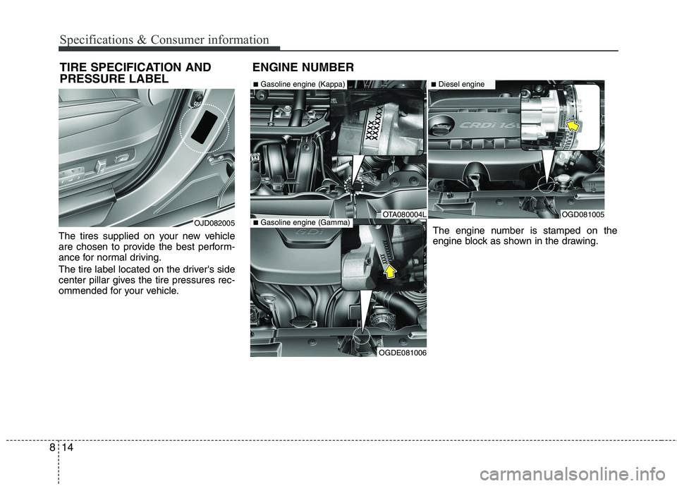 KIA CEED 2017 Owners Manual Specifications & Consumer information
14
8
The tires supplied on your new vehicle
are chosen to provide the best perform-
ance for normal driving.
The tire label located on the drivers side
center KIA CEED 2017 Owners Manual Specifications & Consumer information
14
8
The tires supplied on your new vehicle
are chosen to provide the best perform-
ance for normal driving.
The tire label located on the drivers side
center