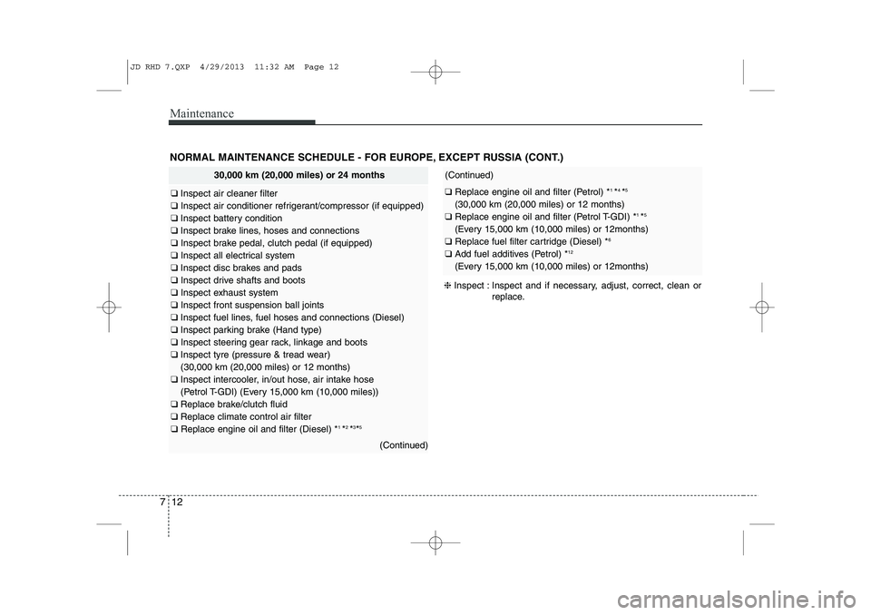 KIA CEED 2014  Owners Manual Maintenance
12
7
NORMAL MAINTENANCE SCHEDULE - FOR EUROPE, EXCEPT RUSSIA (CONT.)
30,000 km (20,000 miles) or 24 months
❑  Inspect air cleaner filter
❑  Inspect air conditioner refrigerant/compress