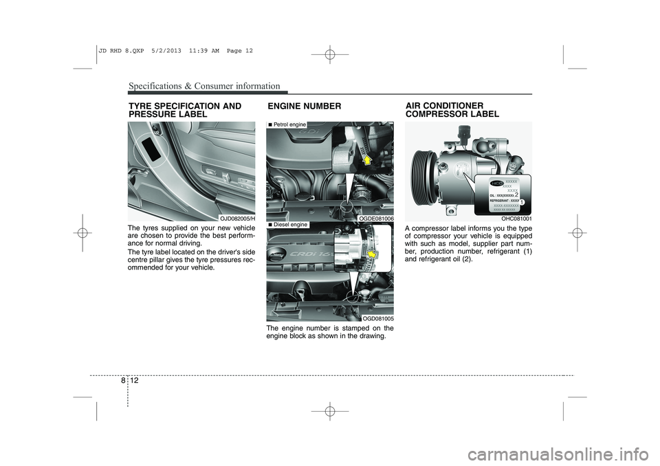 KIA CEED 2014 Owners Manual Specifications & Consumer information
12
8
AIR CONDITIONER COMPRESSOR LABEL
The tyres supplied on your new vehicle
are chosen to provide the best perform-
ance for normal driving.
The tyre label lo KIA CEED 2014 Owners Manual Specifications & Consumer information
12
8
AIR CONDITIONER COMPRESSOR LABEL
The tyres supplied on your new vehicle
are chosen to provide the best perform-
ance for normal driving.
The tyre label lo