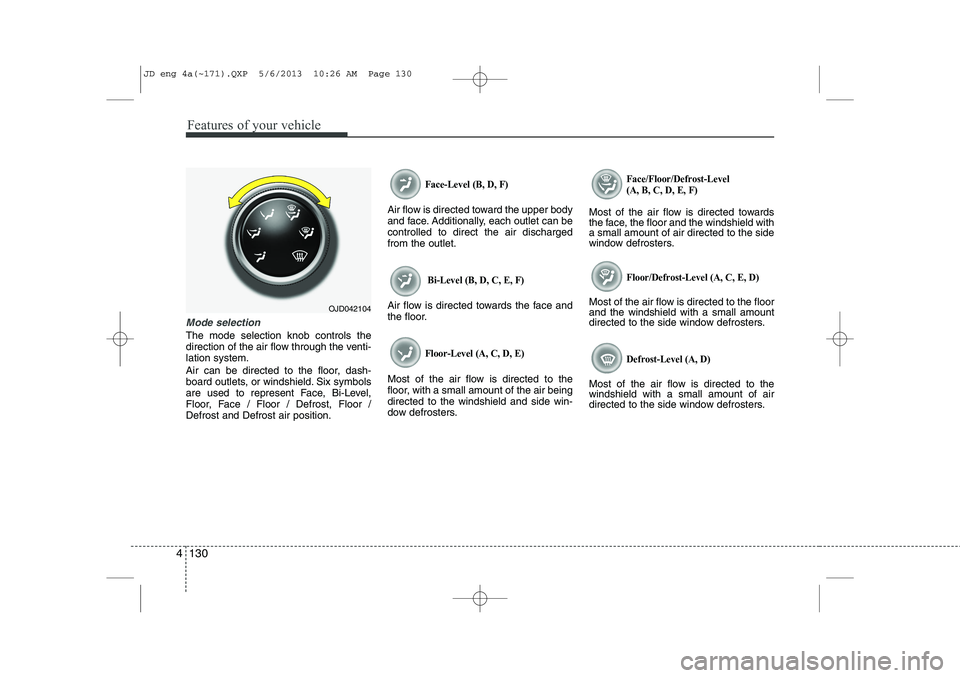 KIA CEED 2014 Owners Manual Features of your vehicle
130
4
Mode selection
The mode selection knob controls the
direction of the air flow through the venti-lation system.
Air can be directed to the floor, dash-
board outlets, KIA CEED 2014 Owners Manual Features of your vehicle
130
4
Mode selection
The mode selection knob controls the
direction of the air flow through the venti-lation system.
Air can be directed to the floor, dash-
board outlets,