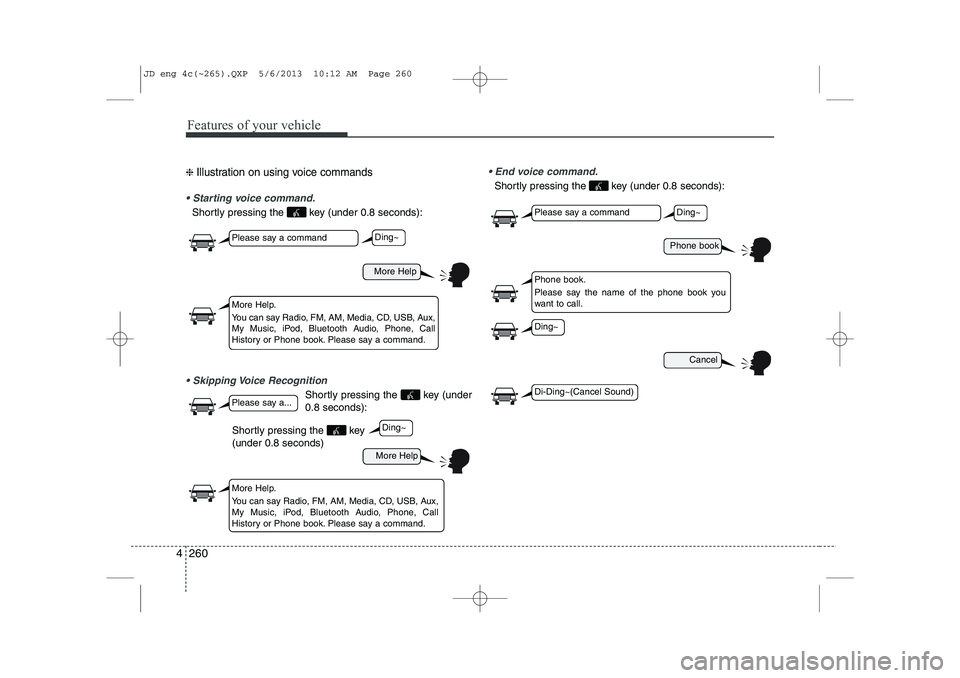 KIA CEED 2014 Owners Manual Features of your vehicle
260
4
❈ Illustration on using voice commands
Starting voice command.
Shortly pressing the key (under 0.8 seconds):
Skipping Voice Recognition
Shortly pressing the key KIA CEED 2014 Owners Manual Features of your vehicle
260
4
❈ Illustration on using voice commands
Starting voice command.
Shortly pressing the key (under 0.8 seconds):
Skipping Voice Recognition
Shortly pressing the key