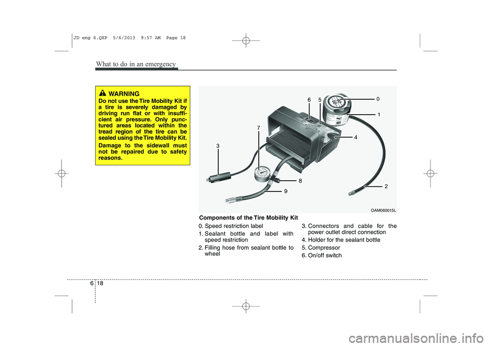 KIA CEED 2014  Owners Manual What to do in an emergency
18
6
0. Speed restriction label 
1. Sealant bottle and label with
speed restriction
2. Filling hose from sealant bottle to wheel 3. Connectors and cable for the
power outlet