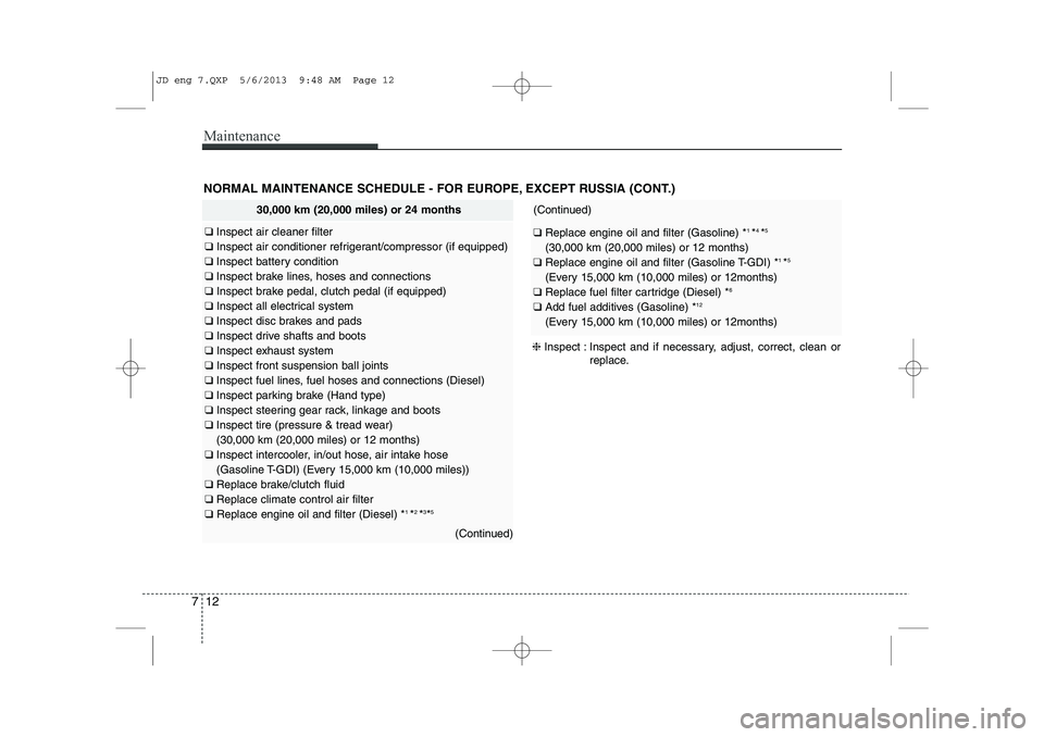 KIA CEED 2014 Owners Manual Maintenance
12
7
NORMAL MAINTENANCE SCHEDULE - FOR EUROPE, EXCEPT RUSSIA (CONT.)
30,000 km (20,000 miles) or 24 months
❑ Inspect air cleaner filter
❑ Inspect air conditioner refrigerant/compress KIA CEED 2014 Owners Manual Maintenance
12
7
NORMAL MAINTENANCE SCHEDULE - FOR EUROPE, EXCEPT RUSSIA (CONT.)
30,000 km (20,000 miles) or 24 months
❑ Inspect air cleaner filter
❑ Inspect air conditioner refrigerant/compress