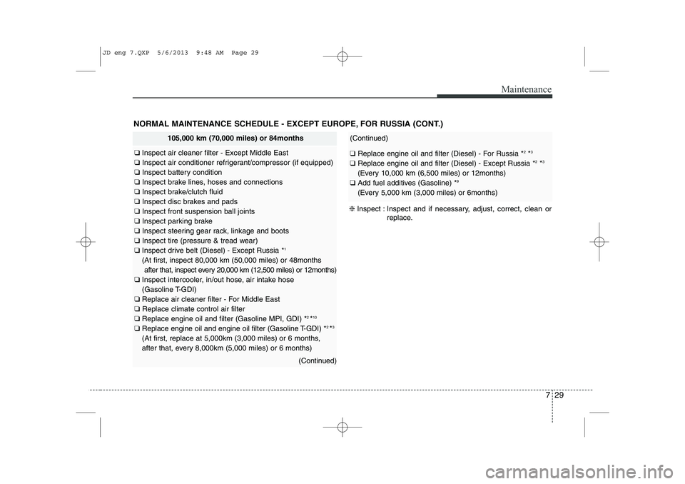 KIA CEED 2014 Owners Manual 729
Maintenance
NORMAL MAINTENANCE SCHEDULE - EXCEPT EUROPE, FOR RUSSIA (CONT.)
105,000 km (70,000 miles) or 84months
❑ Inspect air cleaner filter - Except Middle East
❑ Inspect air conditioner r KIA CEED 2014 Owners Manual 729
Maintenance
NORMAL MAINTENANCE SCHEDULE - EXCEPT EUROPE, FOR RUSSIA (CONT.)
105,000 km (70,000 miles) or 84months
❑ Inspect air cleaner filter - Except Middle East
❑ Inspect air conditioner r