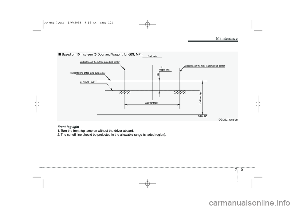 KIA CEED 2014  Owners Manual 7 101
Maintenance

OGDE071056-JD
Front fog light 
1. Turn the front fog lamp on without the driver aboard. 
2. The cut-off line should be projected in the allowable range (shaded region).■
Based on