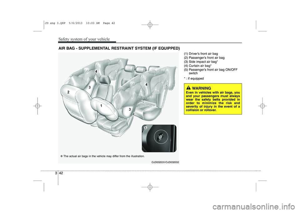 KIA CEED 2014 Workshop Manual Safety system of your vehicle
42
3
(1) Driver’s front air bag
(2) Passenger’s front air bag(3) Side impact air bag*
(4) Curtain air bag*
(5) Passenger’s front air bag ON/OFF
switch
* : if equip KIA CEED 2014 Workshop Manual Safety system of your vehicle
42
3
(1) Driver’s front air bag
(2) Passenger’s front air bag(3) Side impact air bag*
(4) Curtain air bag*
(5) Passenger’s front air bag ON/OFF
switch
* : if equip