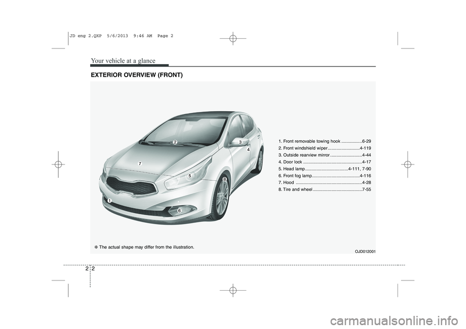 KIA CEED 2014 Owners Manual Your vehicle at a glance
2
2
EXTERIOR OVERVIEW (FRONT)
1. Front removable towing hook .................6-29
2. Front windshield wiper ..........................4-119
3. Outside rearview mirror ...... KIA CEED 2014 Owners Manual Your vehicle at a glance
2
2
EXTERIOR OVERVIEW (FRONT)
1. Front removable towing hook .................6-29
2. Front windshield wiper ..........................4-119
3. Outside rearview mirror ......