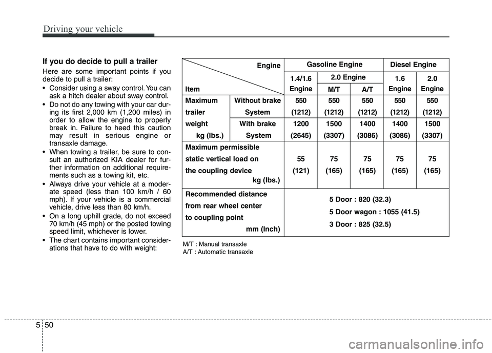 KIA CEED 2010 Owners Manual Driving your vehicle
50
5
If you do decide to pull a trailer
Here are some important points if you
decide to pull a trailer:
Consider using a sway control. You can
ask a hitch dealer about sway co KIA CEED 2010 Owners Manual Driving your vehicle
50
5
If you do decide to pull a trailer
Here are some important points if you
decide to pull a trailer:
Consider using a sway control. You can
ask a hitch dealer about sway co