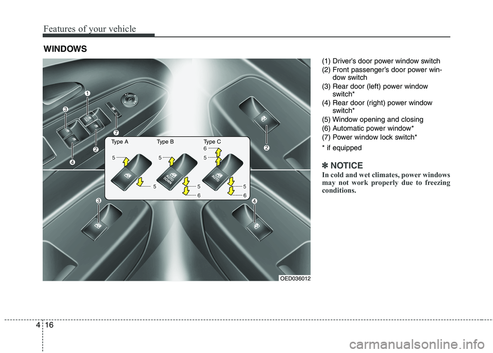 KIA CEED 2010 Manual Online Features of your vehicle
16
4
(1) Driver’s door power window switch 
(2) Front passenger’s door power win-
dow switch
(3) Rear door (left) power window switch*
(4) Rear door (right) power window s