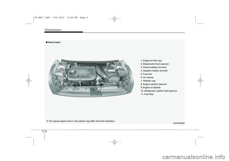 KIA CEED 2013 Owners Manual Maintenance
4
7
OJD072003R
❈
The actual engine room in the vehicle may differ from the illustration. 1. Engine oil filler cap
2. Brake/clutch fluid reservoir
3. Positive battery terminal
4. Negativ KIA CEED 2013 Owners Manual Maintenance
4
7
OJD072003R
❈
The actual engine room in the vehicle may differ from the illustration. 1. Engine oil filler cap
2. Brake/clutch fluid reservoir
3. Positive battery terminal
4. Negativ