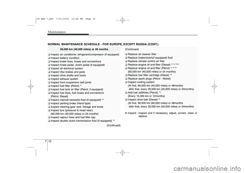 KIA CEED 2013 Owners Manual Maintenance
12
7
NORMAL MAINTENANCE SCHEDULE - FOR EUROPE, EXCEPT RUSSIA (CONT.)
60,000 km (40,000 miles) or 48 months
❑ Inspect air conditioner refrigerant/compressor (if equipped)
❑ Inspect ba KIA CEED 2013 Owners Manual Maintenance
12
7
NORMAL MAINTENANCE SCHEDULE - FOR EUROPE, EXCEPT RUSSIA (CONT.)
60,000 km (40,000 miles) or 48 months
❑ Inspect air conditioner refrigerant/compressor (if equipped)
❑ Inspect ba