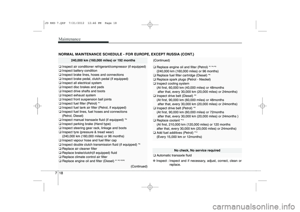 KIA CEED 2013 User Guide Maintenance
18
7
NORMAL MAINTENANCE SCHEDULE - FOR EUROPE, EXCEPT RUSSIA (CONT.)
240,000 km (160,000 miles) or 192 months
❑ Inspect air conditioner refrigerant/compressor (if equipped)
❑ Inspect KIA CEED 2013 User Guide Maintenance
18
7
NORMAL MAINTENANCE SCHEDULE - FOR EUROPE, EXCEPT RUSSIA (CONT.)
240,000 km (160,000 miles) or 192 months
❑ Inspect air conditioner refrigerant/compressor (if equipped)
❑ Inspect
