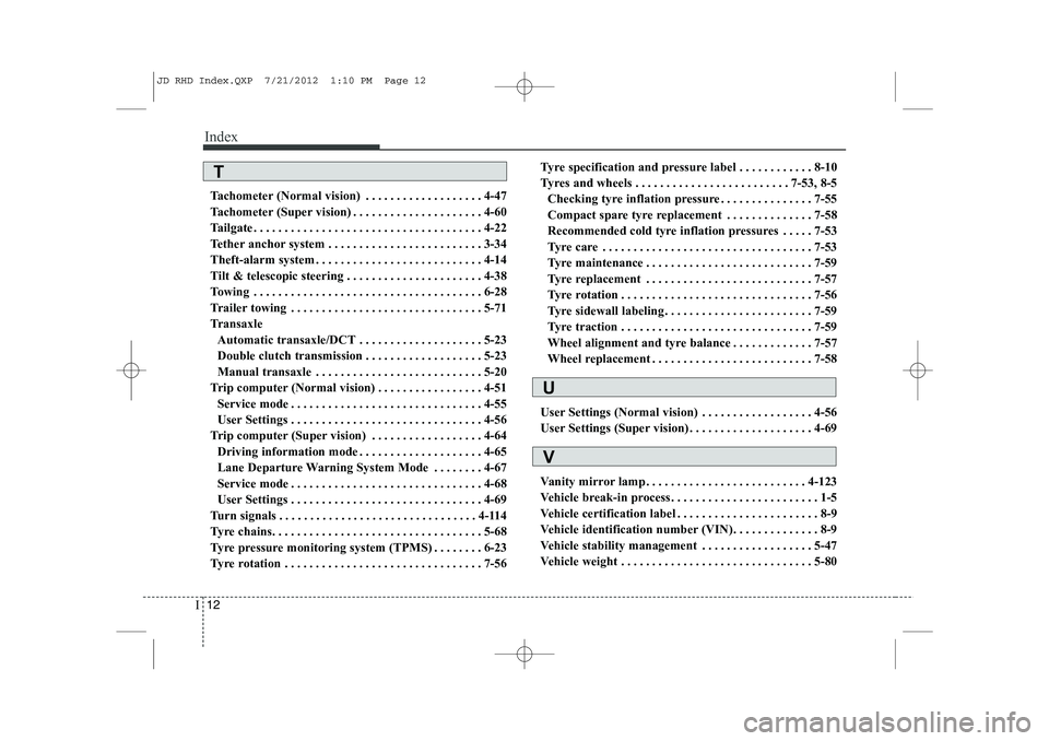 KIA CEED 2013 Owners Manual Index
12
I
Tachometer (Normal vision) . . . . . . . . . . . . . . . . . . . 4-47
Tachometer (Super vision) . . . . . . . . . . . . . . . . . . . . . 4-60
Tailgate . . . . . . . . . . . . . . . . . . KIA CEED 2013 Owners Manual Index
12
I
Tachometer (Normal vision) . . . . . . . . . . . . . . . . . . . 4-47
Tachometer (Super vision) . . . . . . . . . . . . . . . . . . . . . 4-60
Tailgate . . . . . . . . . . . . . . . . . .
