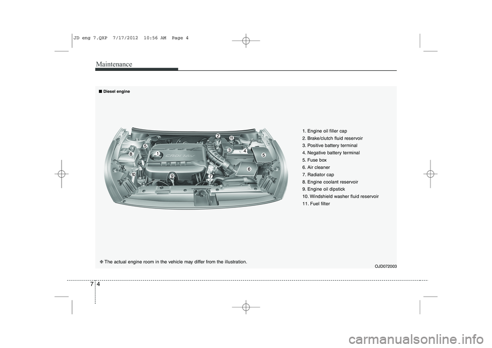 KIA CEED 2013  Owners Manual Maintenance
4
7
OJD072003
❈
The actual engine room in the vehicle may differ from the illustration. 1. Engine oil filler cap 
2. Brake/clutch fluid reservoir
3. Positive battery terminal
4. Negative