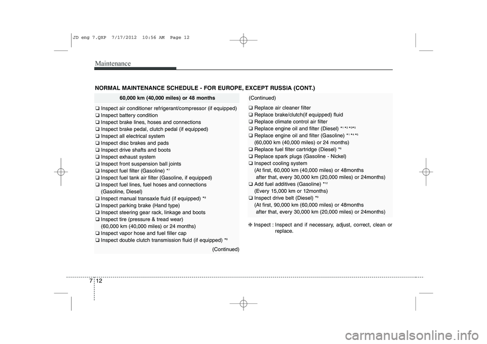 KIA CEED 2013 Owners Manual Maintenance
12
7
NORMAL MAINTENANCE SCHEDULE - FOR EUROPE, EXCEPT RUSSIA (CONT.)
60,000 km (40,000 miles) or 48 months
❑ Inspect air conditioner refrigerant/compressor (if equipped)
❑ Inspect ba KIA CEED 2013 Owners Manual Maintenance
12
7
NORMAL MAINTENANCE SCHEDULE - FOR EUROPE, EXCEPT RUSSIA (CONT.)
60,000 km (40,000 miles) or 48 months
❑ Inspect air conditioner refrigerant/compressor (if equipped)
❑ Inspect ba